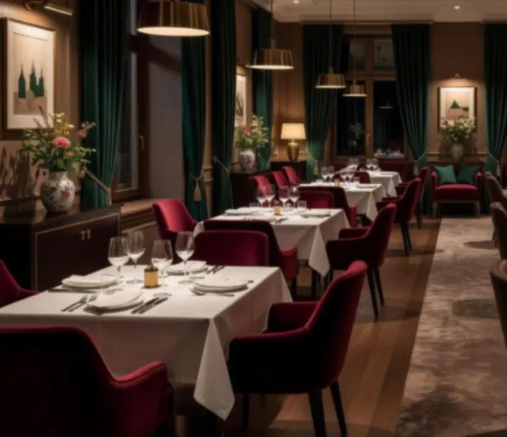 Večerní interiér restaurace Komorní Stůl s pokerovým salonkem