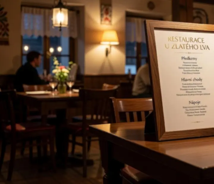 Menu Komorního Stolu na stěně elegantní české restaurace
