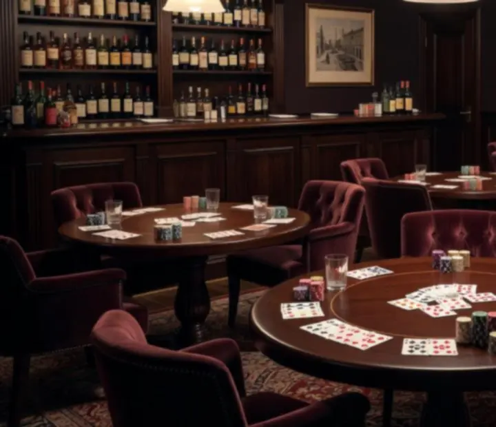 Večerní atmosféra card roomu s pokerovým stolem navazující na restauraci