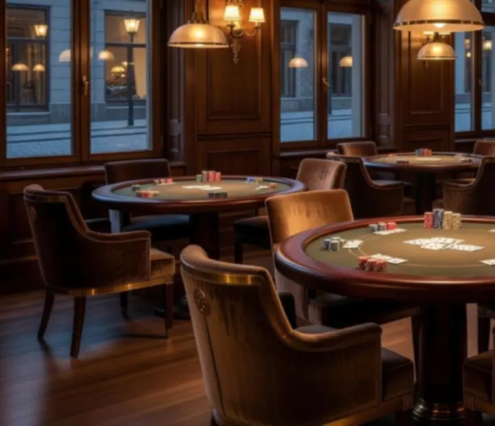 Večerní poker lounge Komorního Stolu se skutečnými pokerovými stoly a karetním salonkem