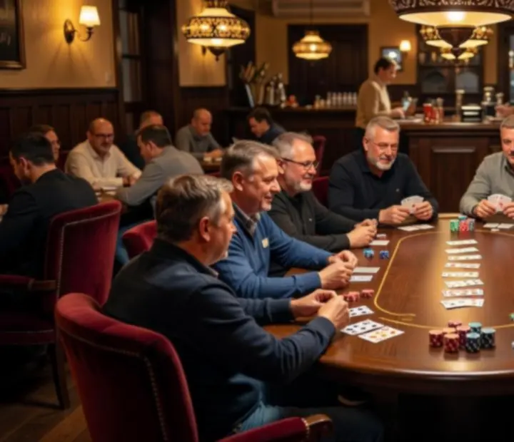 Pokerový salonek s osvětlenými pokerovými stoly v Komorním Stolu
