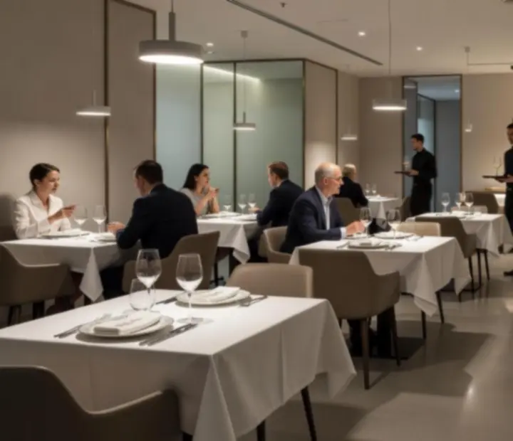 Večerní interiér restaurace Komorní Stůl s pohledem do lounge