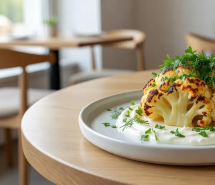 Vegetariánský pokrm s českou inspirací na keramickém talíři
